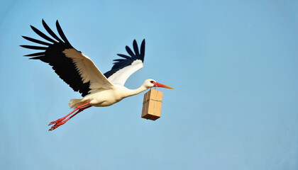 Obraz premium Stork delivers a package while flying in a clear blue sky on a sunny day