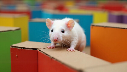 Fototapeta premium White mouse explores colorful cardboard structures in a playful setting
