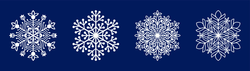 White lace snowflake icons isolated on white background. Winter and Christmas holiday symbol. Decorative vector element for winter and Christmas design