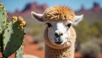 Obraz premium Llama posing in the desert with cacti and striking rock formations in the background during sunny daytime