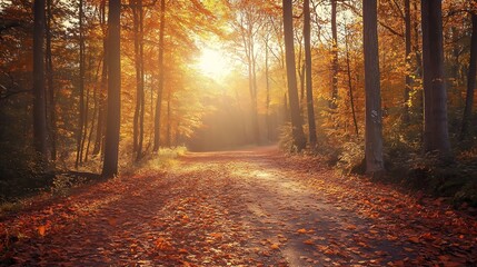 Fototapeta premium Autumn Forest Path Sunset