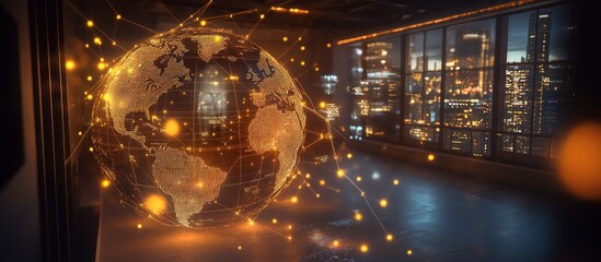 Global network connection illuminated in a modern office at night.