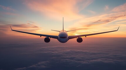 Airplane at Sunset Above Clouds. Concept of Travel, Journey, and Freedom.