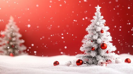 Snowy Christmas Tree with Red Ornaments