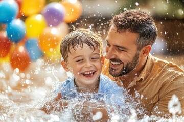 Obraz premium Joyful Moments in Water Play with Father and Son