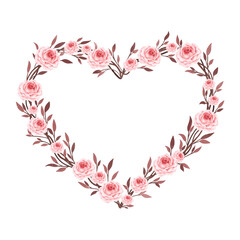 Watercolor Illustration Heart Shape Wreath with Pink Roses and Leaves