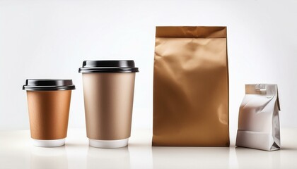 paper bag with coffee cup or Food packaging mockup with paper cup and pouch on isolated white background