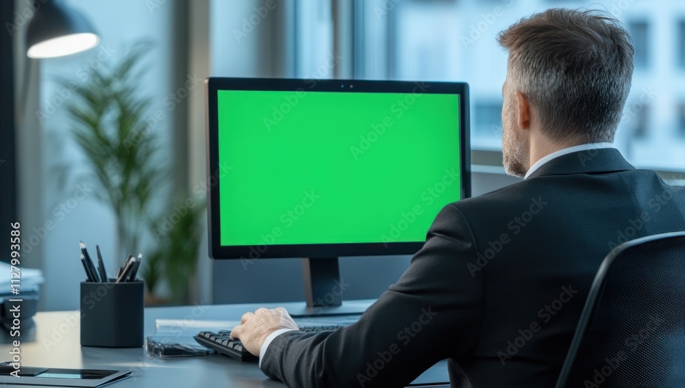 Aufkleber businessman working at computer with green screen.