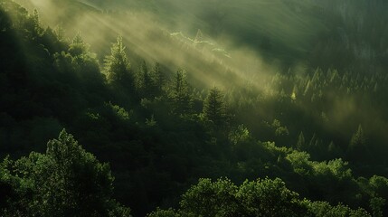 Fototapeta premium Beautiful Rays of Sunlight in a Green Forest, Shining Through the Trees, Creating a Serene and Picturesque Natural Scene.