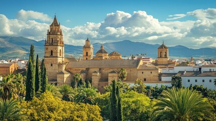 Naklejka premium Spanish monastery, lush gardens, mountain backdrop.