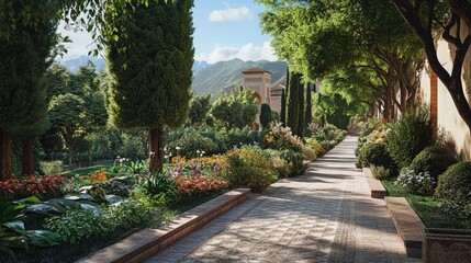 Fototapeta premium Sunlit garden path, lush flowers, mountain backdrop.
