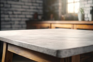 Modern kitchen table with a concrete surface and wooden legs.