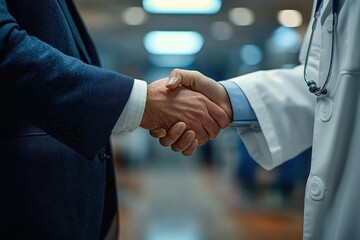 Doctor and Businessman Shaking Hands in Medical Facility for Pharmaceutical Presentation