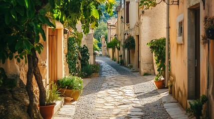 Fototapeta premium Charming European village alleyway. Concept of travel, vacation, and exploration.