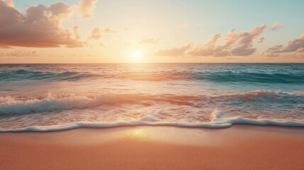 Obraz premium Serene Sunset Over Calm Ocean Waves On Sandy Beach