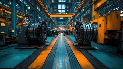 Industrial factory interior with machinery and parts.