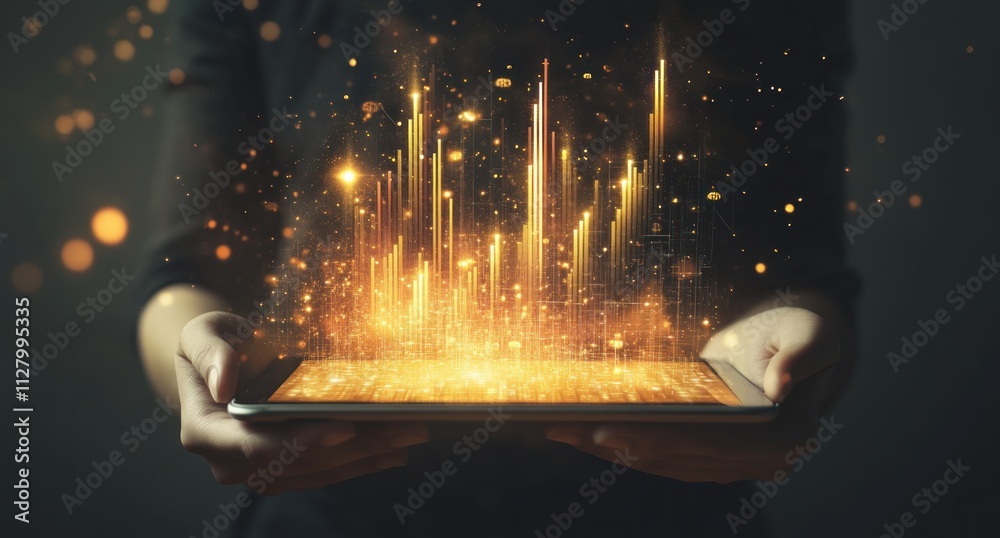 Poster glowing data visualization on a tablet.