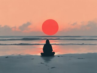 Solitary Figure Meditates Beach Sunset Ocean
