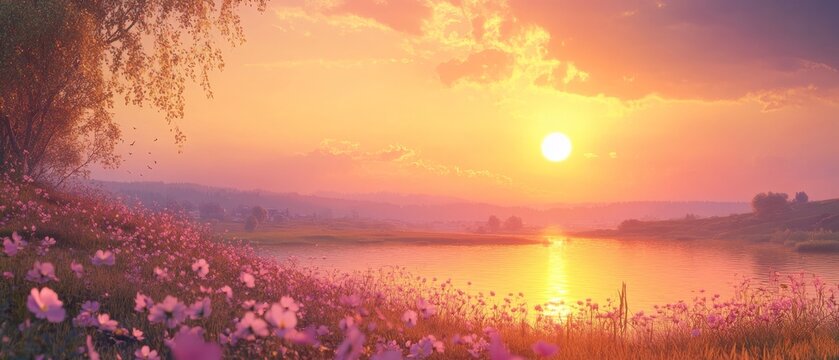 a scenic view of beautiful sunset seen of the hill
