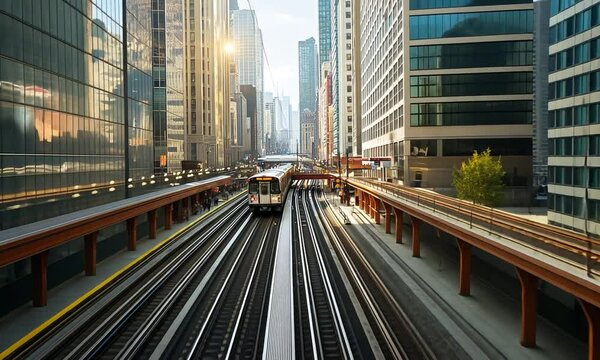 Elevated Train Approaching Downtown Chicago Station Amidst Skyscrapers