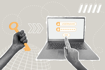 Fashionable halftone collage. Account security concept, digital privacy,digital privacy,high security, cybersecurity. Hand with strong account key. Trendy modern retro illustration in mixed technique.