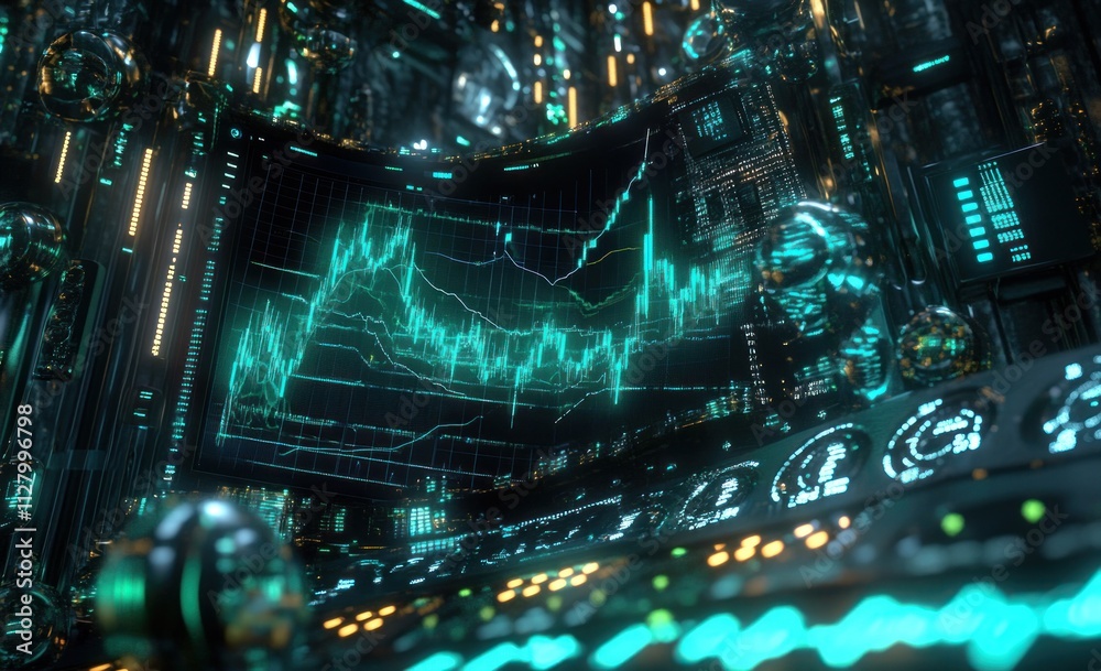 Aufkleber Futuristic stock market data displayed on a large screen within a complex technological environment.