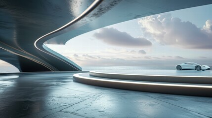 Obraz premium Futuristic Car Display in Modern Architectural Environment at Sunset