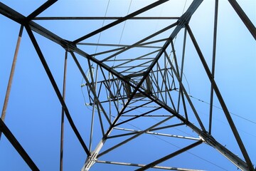 Telecommunication tower against blue sky, bottom view