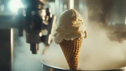 Creamy vanilla ice cream being dispensed into a cone from an ice cream machine, soft focus on the main subject, clean and simple composition with ample copy space.
