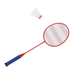 Set illustration of red badminton racket with a blue grip and a white shuttlecock in flight. The racket's strings are finely detailed, and the shuttlecock is angled slightly above the racket, ready