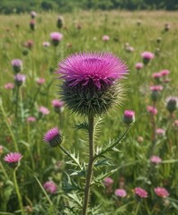 Pink horrid thistle in a grassy meadow wildflower, Italian thistle, weed, cardoon