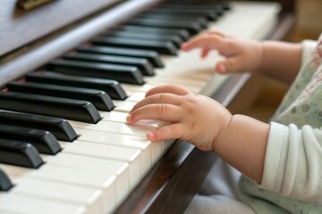 Obraz premium Child hand play piano key. Music education for kid