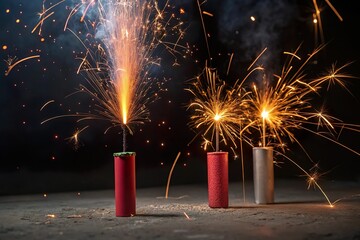 firecracker with spark on black background. New year celebrate