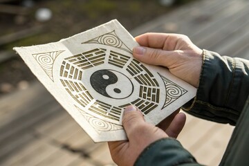 hand hold paper talisman with yin yang and bagua symbol