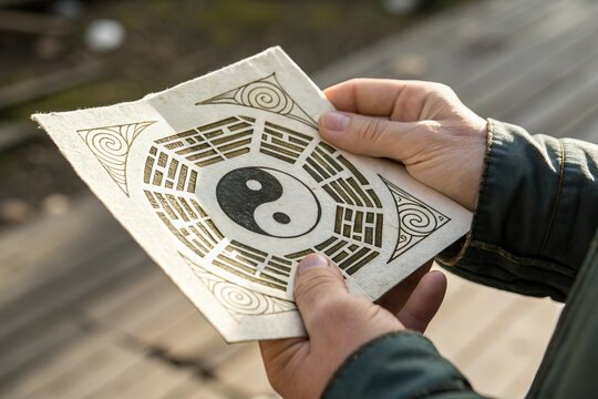 hand hold paper talisman with yin yang and bagua symbol