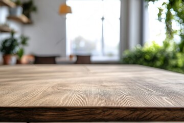 Wooden table with a blurred background of a cozy room.