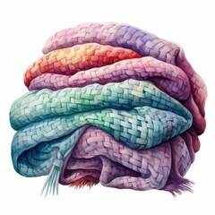 Fototapeta premium A vibrant, textured pile of woven blankets in pastel colors, showcasing intricate patterns and a cozy appearance.