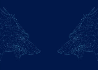 Background with two heads opposite each other. Wireframe Wolf Head line Art Vector Illustration. 3D