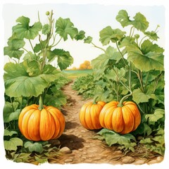 A vibrant pumpkin patch with three ripe pumpkins surrounded by lush green leaves on a sunny day.