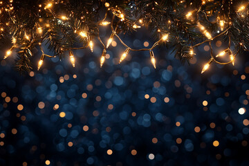 Holiday Illumination with Christmas Garland Bokeh Lights on Dark Blue Background