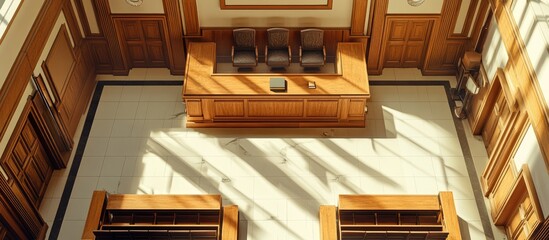 High-angle view of an empty courtroom with wooden furniture and sunlight streaming through the windows.