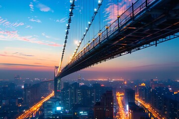 Obraz premium Stunning Sunrise Cityscape Illuminated Suspension Bridge at Dusk