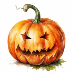 A carved pumpkin with an eerie face, symbolizing Halloween festivities, featuring a vibrant orange color and green stem.