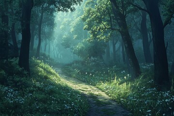 Obraz premium A serene forest path illuminated by soft light, surrounded by lush greenery and flowers.
