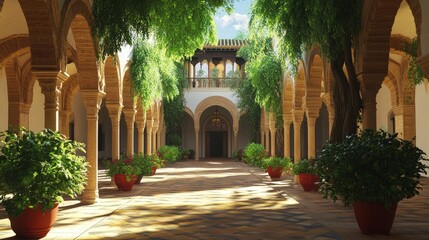 Naklejka premium Sunlit courtyard, arched colonnade, lush greenery.