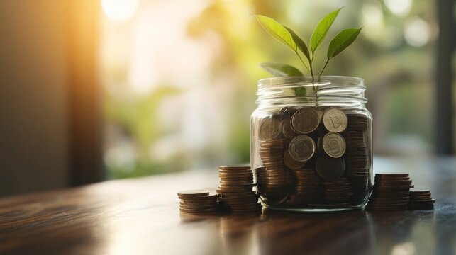 Glass Jar Filled With Coins And A Growing Plant