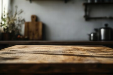 Wooden kitchen table with soft lighting and blurred background.