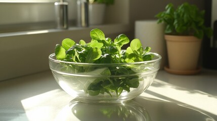 Fresh Green Lambs Lettuce in Glass Bowl Kitchen Setting