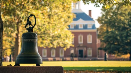 Ornate bell, autumnal setting, historic building.