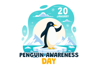 Obraz premium Penguin Awareness Day Vector Illustration on January 20, featuring Penguins and an Iceberg to Promote Animal Conservation in a Flat Background